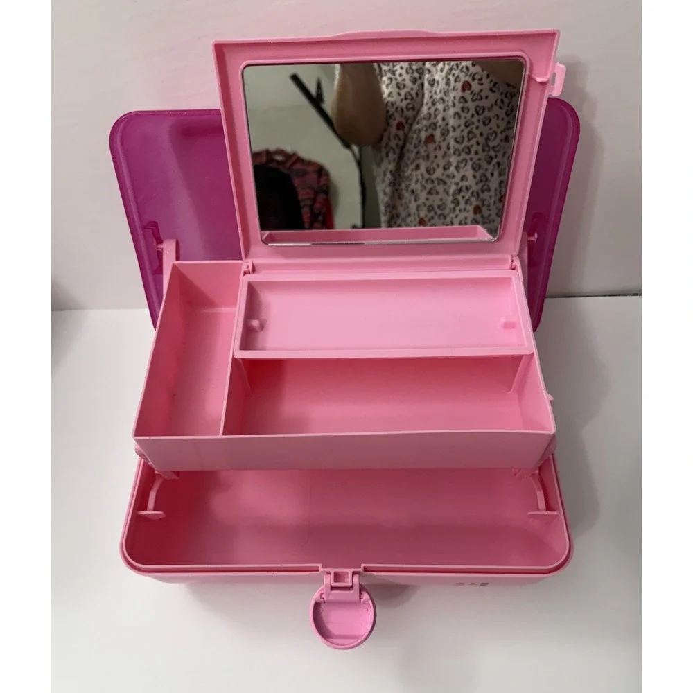 Vtg Caboodles Makeup Organizer Carrying Travel Case Pink Two Tier Mirror Tray